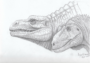 En segundo plano, representación de Megalosaurus tal como se hacía casi 2 siglos y, en primer plano, representación actual. Ilustración: Jorge A. González